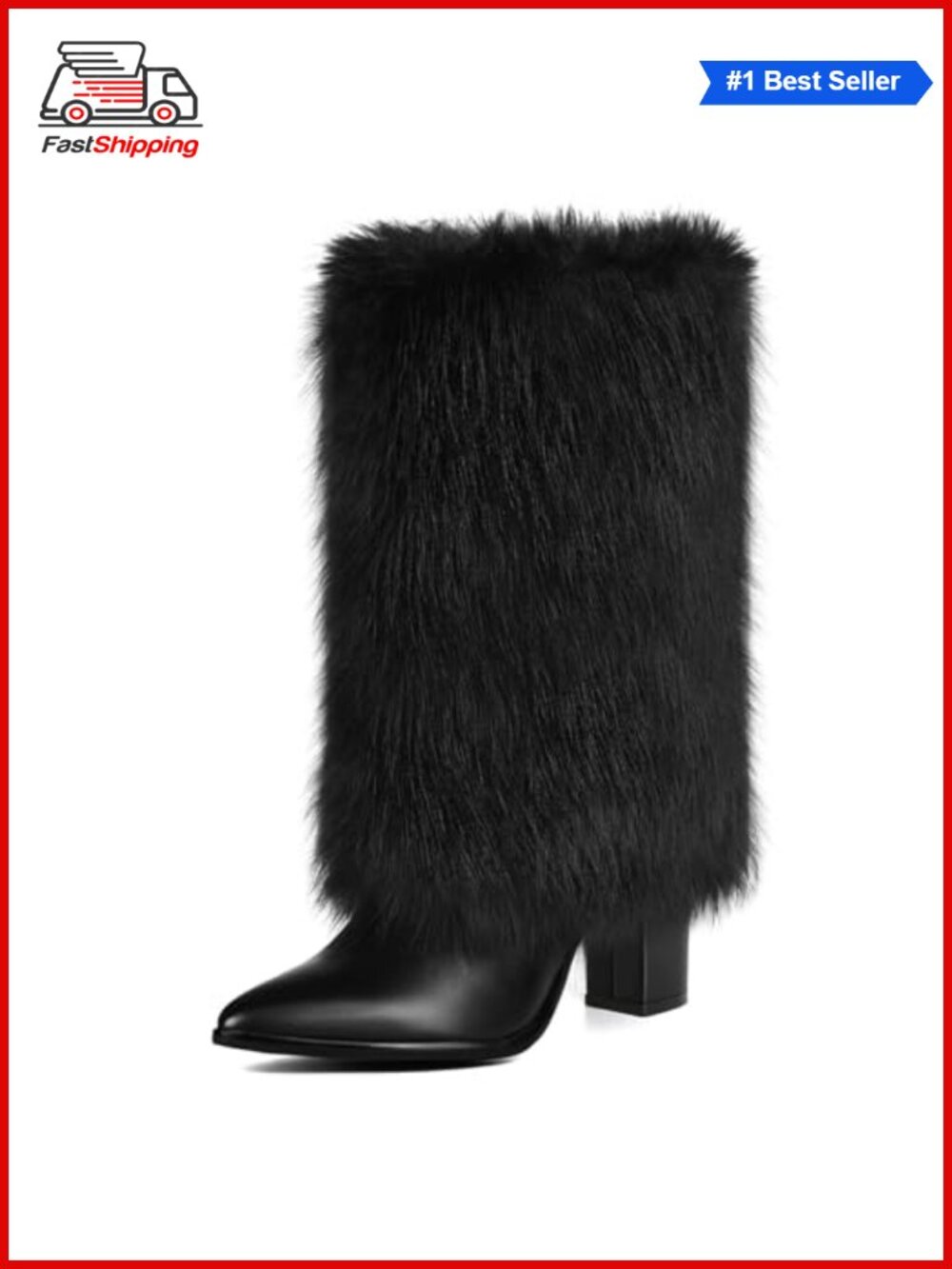 ✨ Chunky Heel Mid Calf Faux Fur Boots Pointed Toe Zip Up Women's Winter